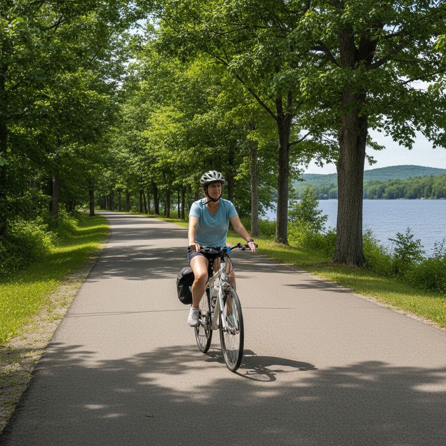 Wide paved multi-use trail through flat Ontario parkland with a cyclist in the distance