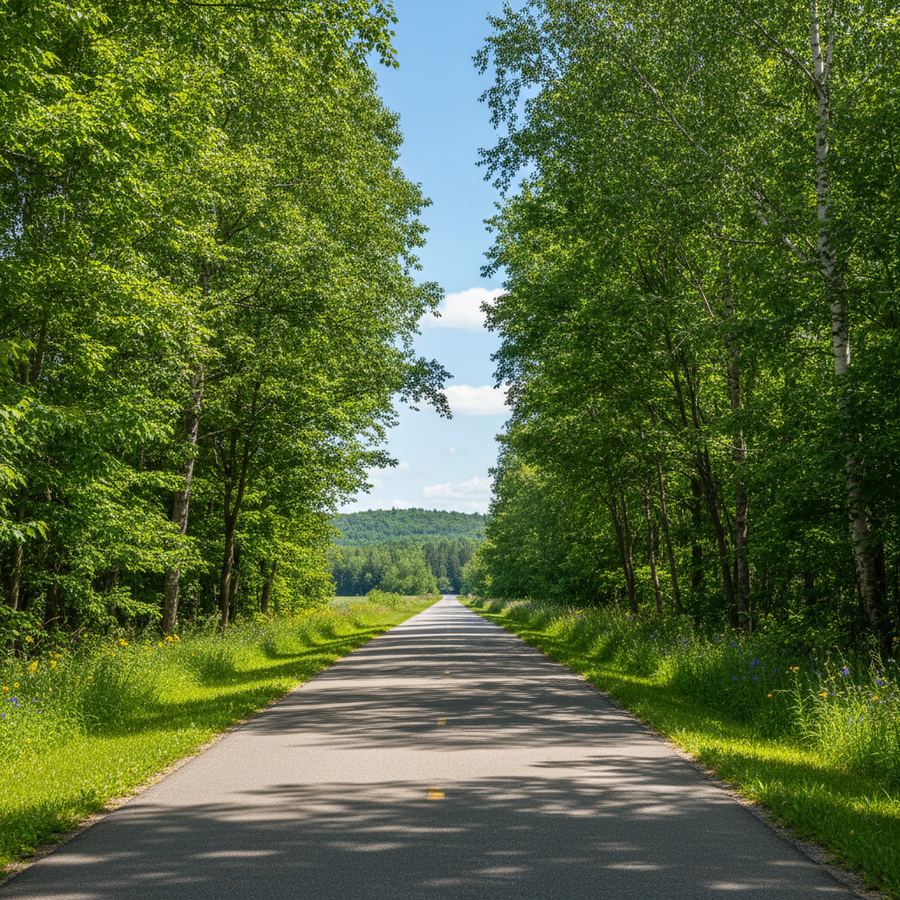 Paved bike path winding through green parkland alongside a lake in Ontario