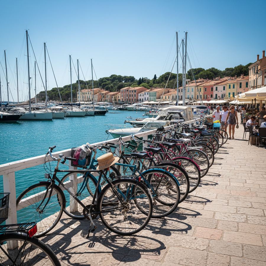 Waterfront area in an Ontario cycling town with bikes and a dock