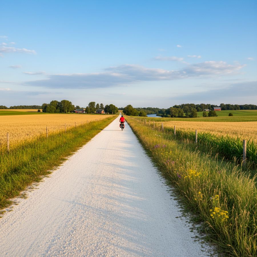 Well-maintained crushed limestone rail trail through open farmland