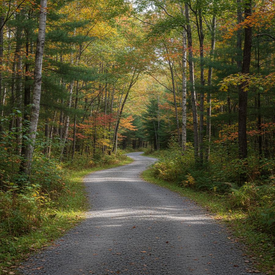 Crushed stone rail trail cutting through a corridor of trees in rural Ontario