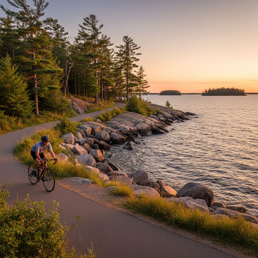 Lakeside cycling path with trees and clear blue water visible