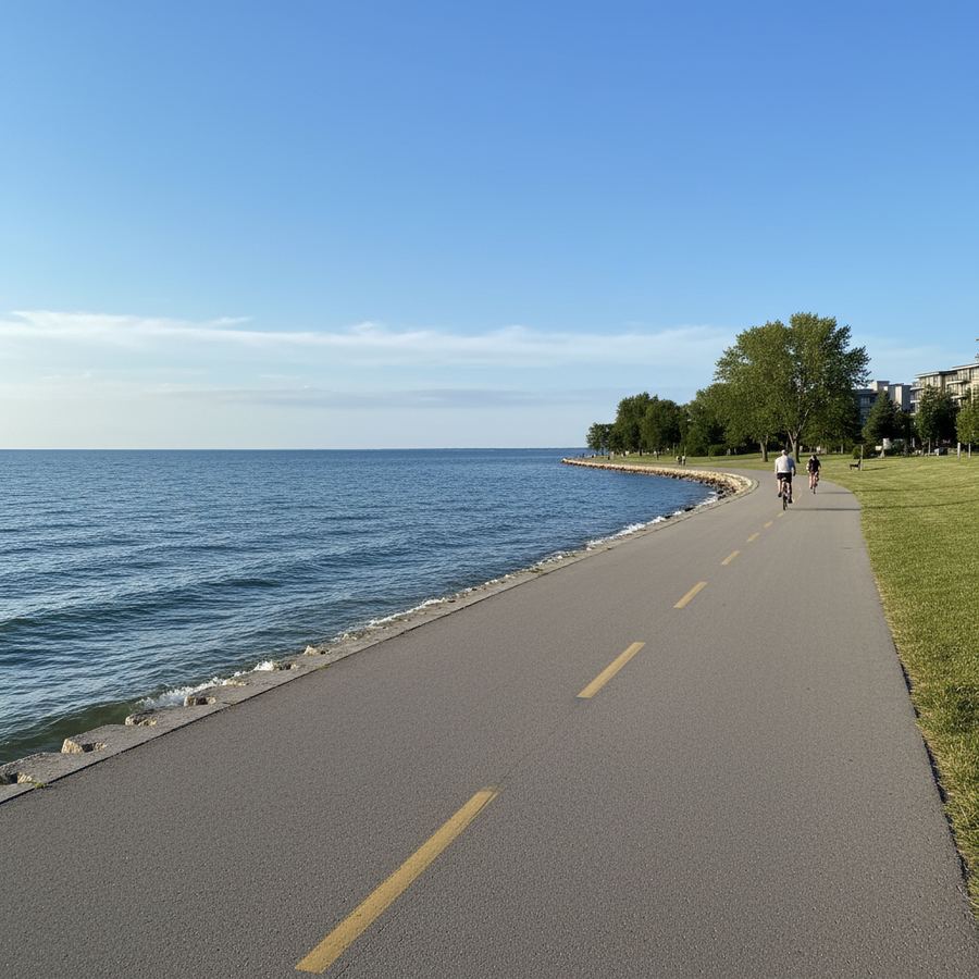 Cyclist on a lakeside path with sunlight reflecting off the water