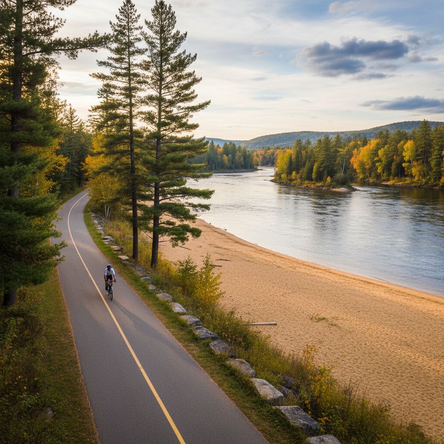 Riverside cycling pathway with trees and calm water