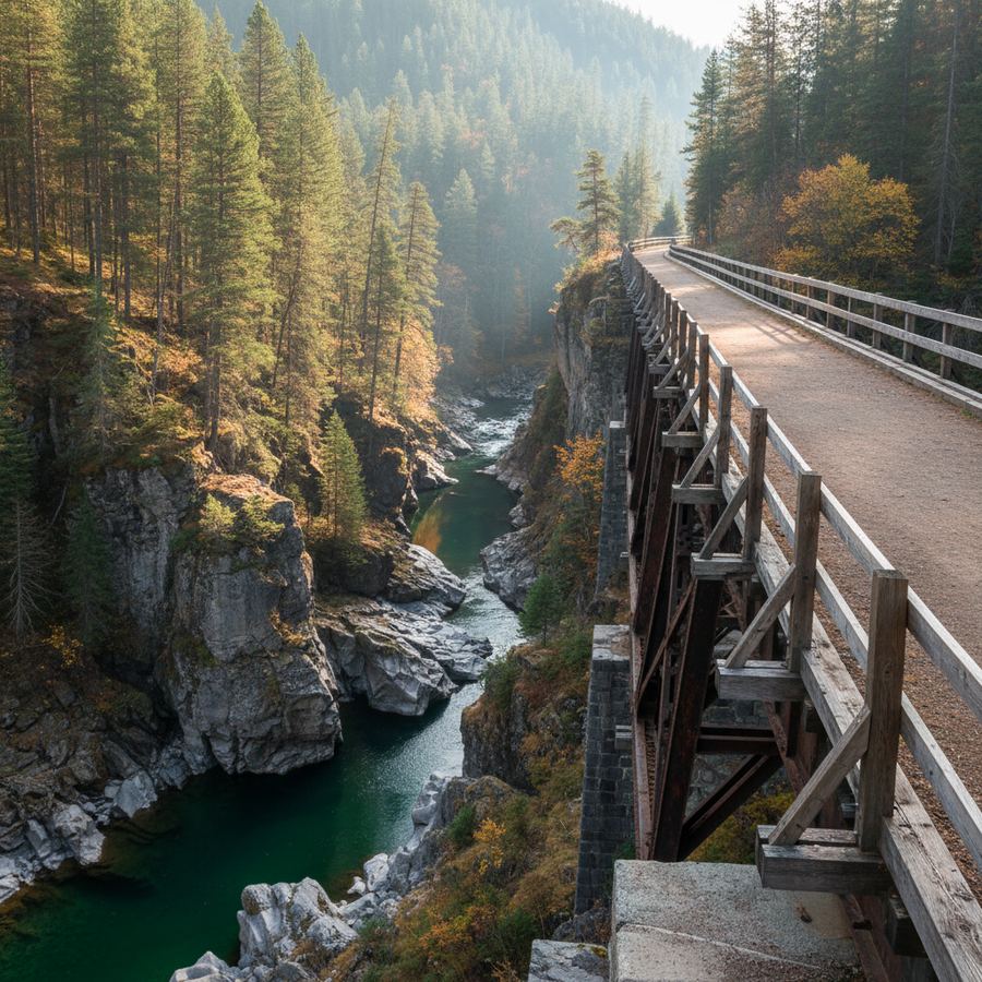 Wooden trail bridge on the Elora Cataract Trailway crossing a creek in Dufferin County
