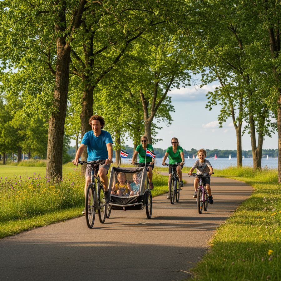 Family riding bikes on a paved trail in Ontario