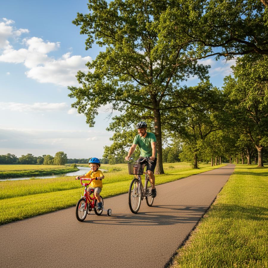 Family cycling together on a flat paved trail through a park in Ontario