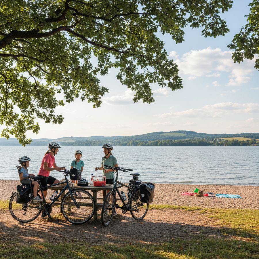Waterfront cycling path with benches and shade trees suitable for family rides