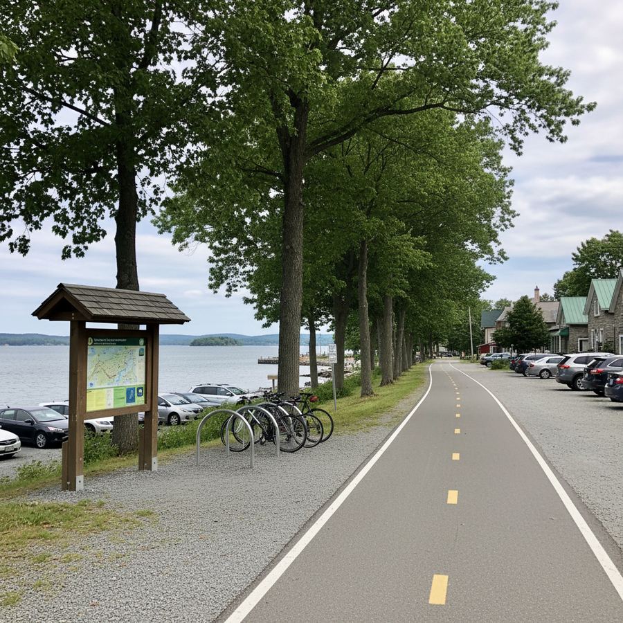 Paved Georgian Trail stretching along the Georgian Bay shoreline near Collingwood