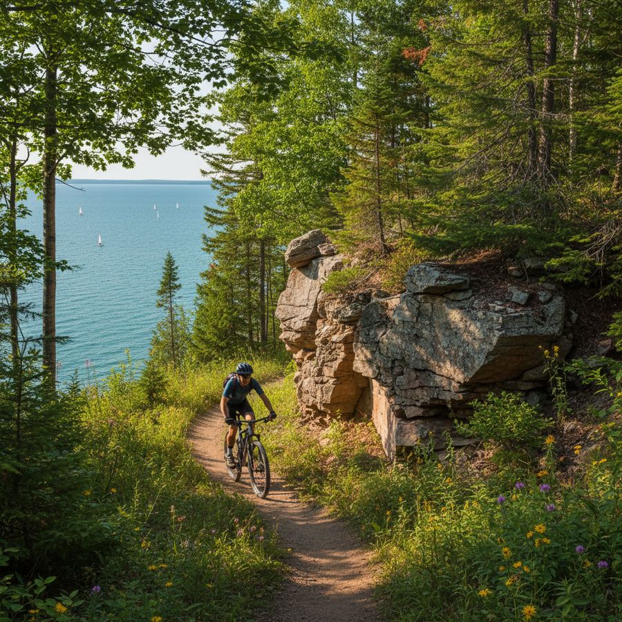 Cyclist riding along the Lake Huron shoreline near Southampton, Ontario
