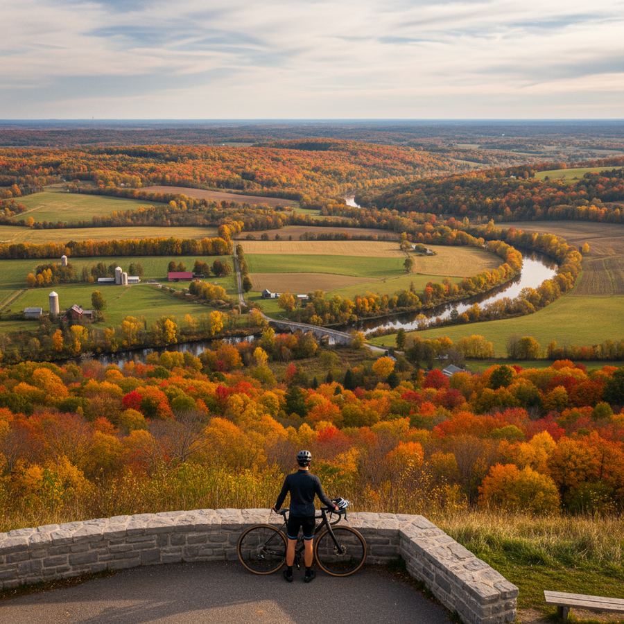 Gravel path winding through colourful fall trees on the Niagara Escarpment