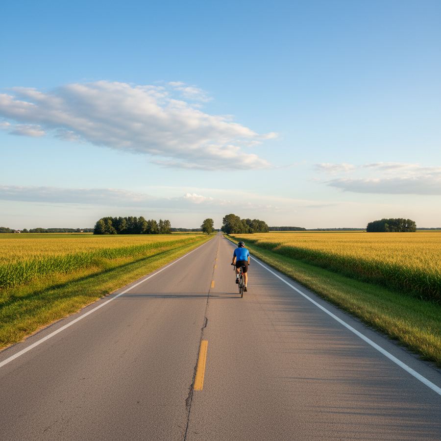 Cyclist on a quiet county road through Simcoe County farmland near Creemore