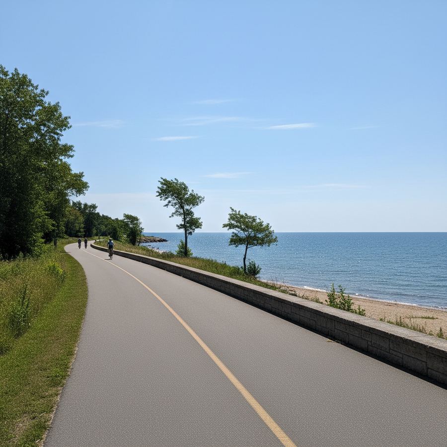 Cyclist on a paved lakeside path with blue water visible through the trees